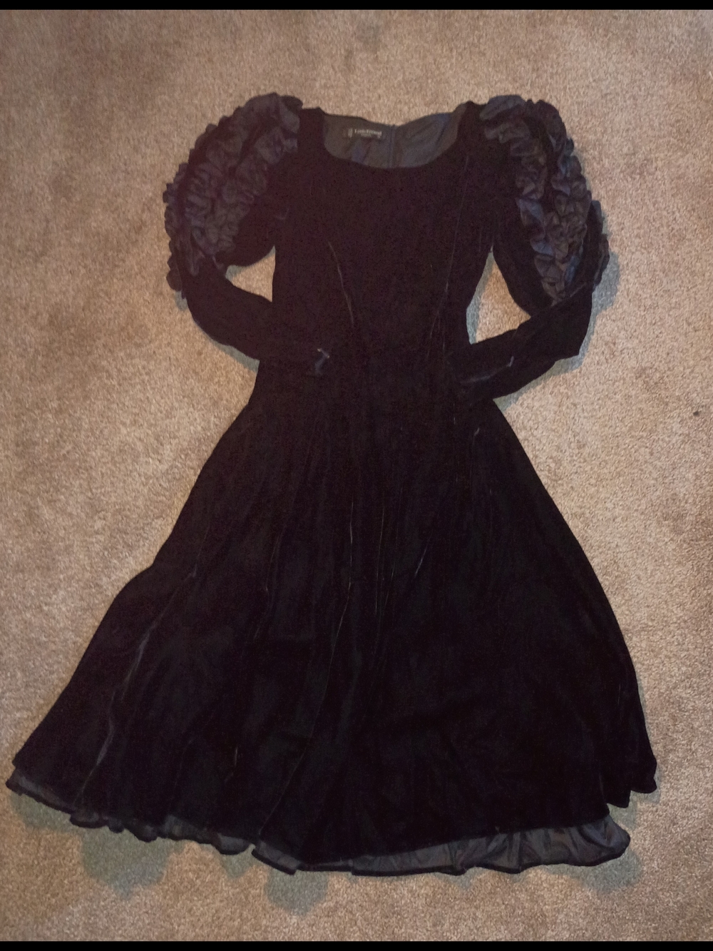 Vintage 1980s Louis Féraud Paris Black Velvet & Silk Ruffle Cocktail Dress